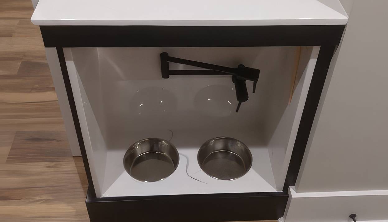 Custom-built dog feeding station with two stainless steel bowls integrated into a cabinet with a white countertop and a matte black pot filler faucet, set against hardwood flooring.